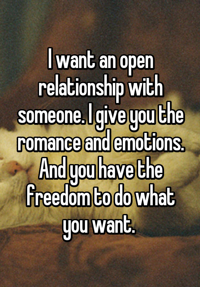 I want an open relationship with someone. I give you the romance and emotions. And you have the freedom to do what you want. 