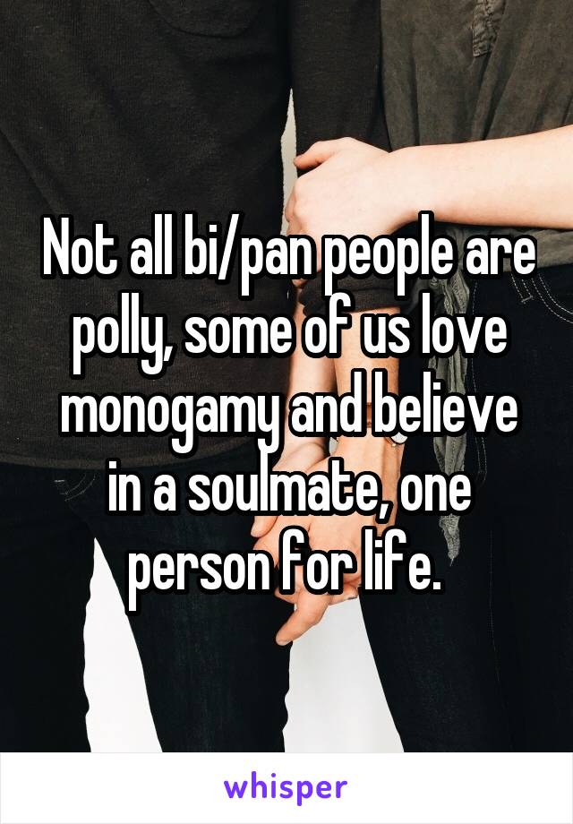 Not all bi/pan people are polly, some of us love monogamy and believe in a soulmate, one person for life. 