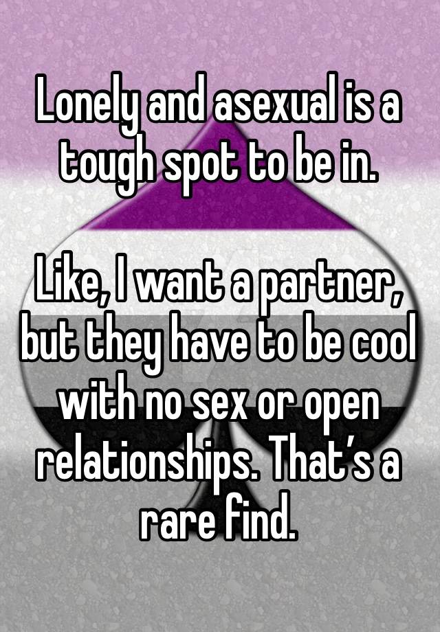 Lonely and asexual is a tough spot to be in. 

Like, I want a partner, but they have to be cool with no sex or open relationships. That’s a rare find. 