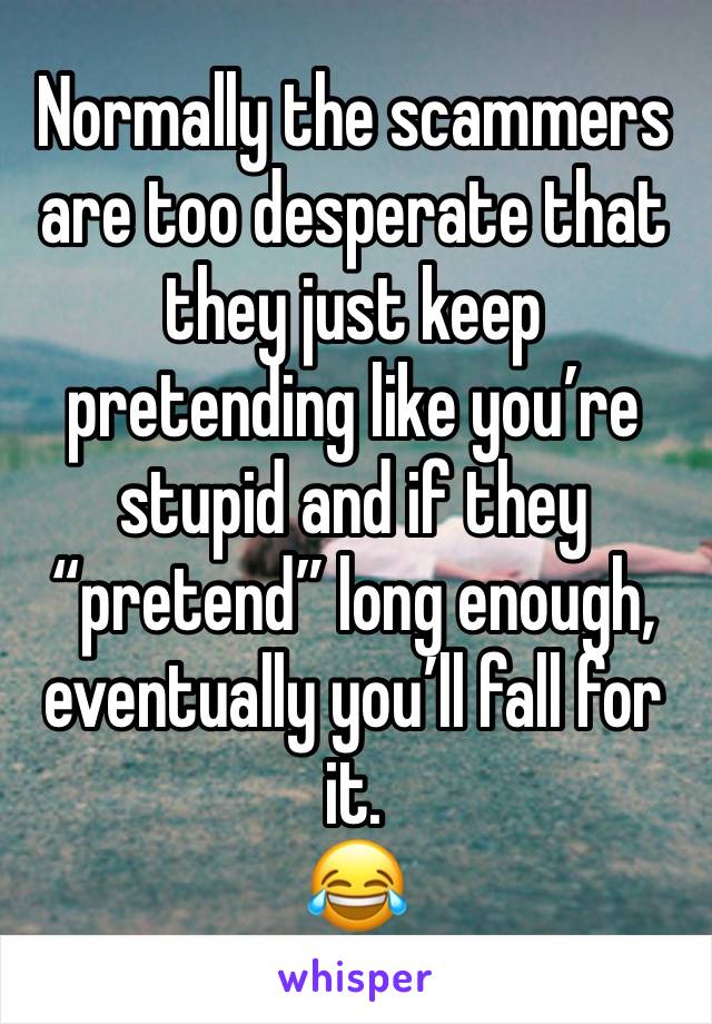 Normally the scammers are too desperate that they just keep pretending like you’re stupid and if they “pretend” long enough, eventually you’ll fall for it.
😂