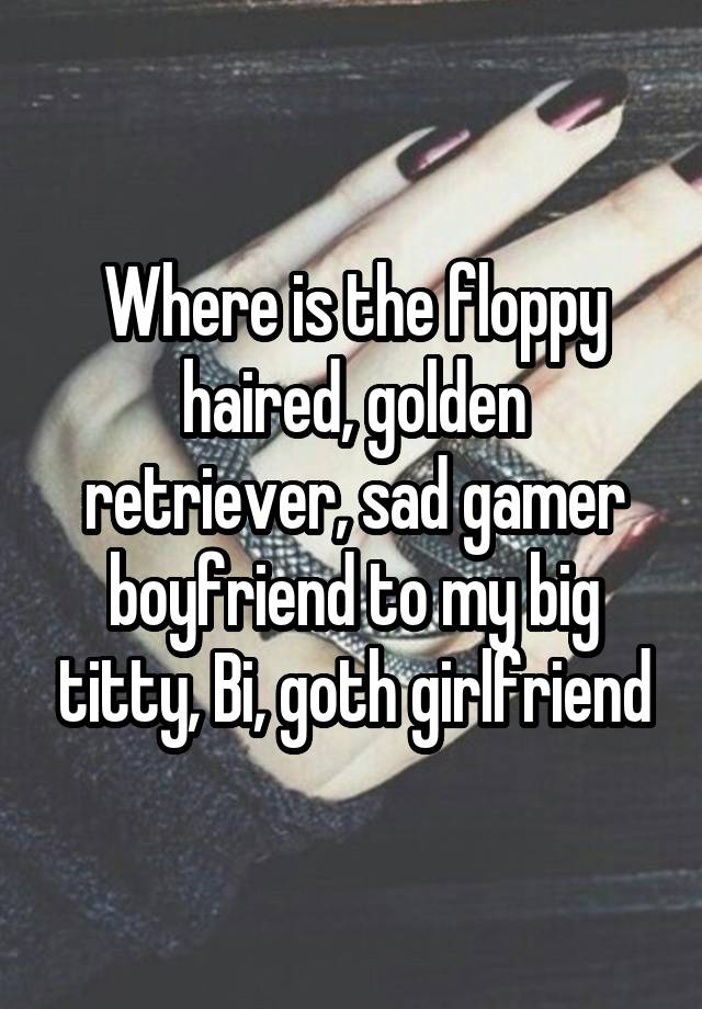 Where is the floppy haired, golden retriever, sad gamer boyfriend to my big titty, Bi, goth girlfriend