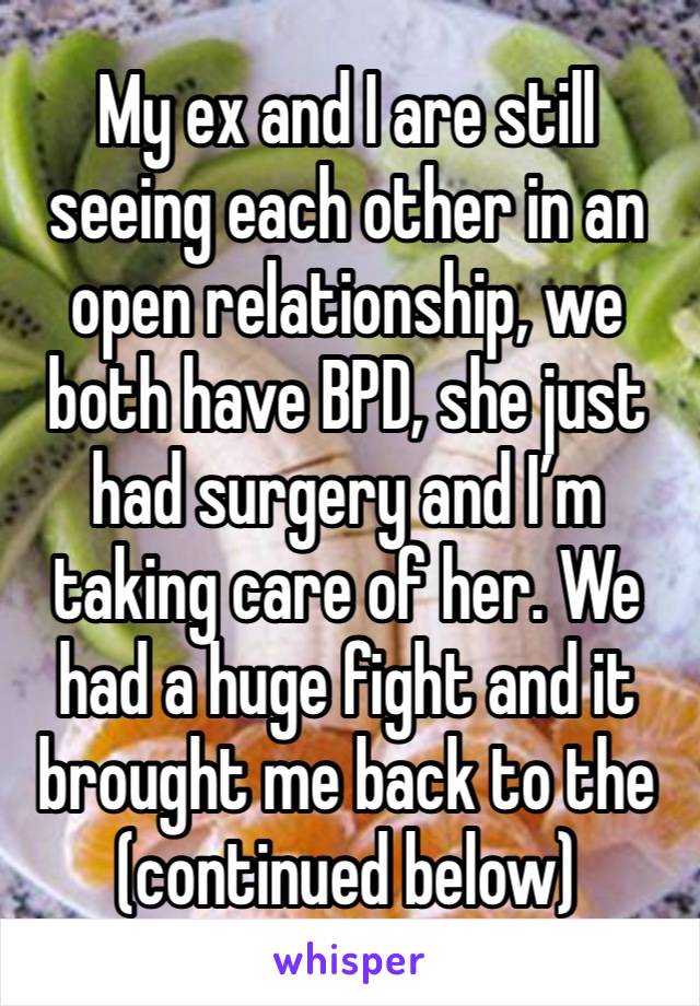 My ex and I are still seeing each other in an open relationship, we both have BPD, she just had surgery and I’m taking care of her. We had a huge fight and it brought me back to the (continued below)