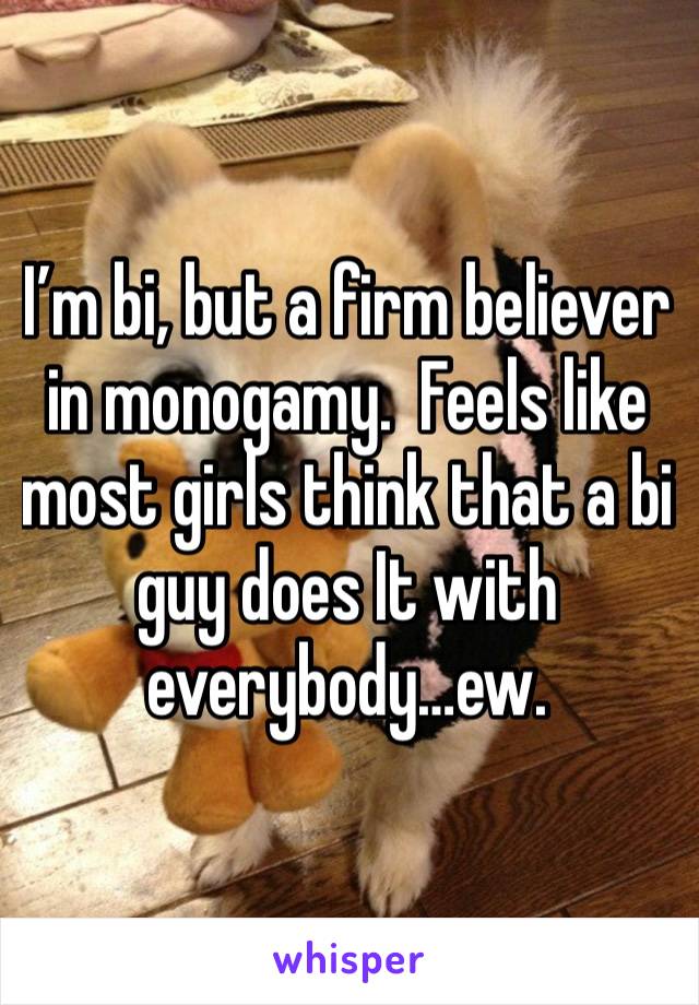 I’m bi, but a firm believer in monogamy.  Feels like most girls think that a bi guy does It with everybody…ew.