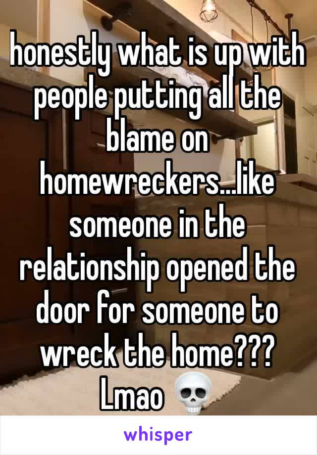 honestly what is up with people putting all the blame on homewreckers…like someone in the relationship opened the door for someone to wreck the home??? Lmao 💀 