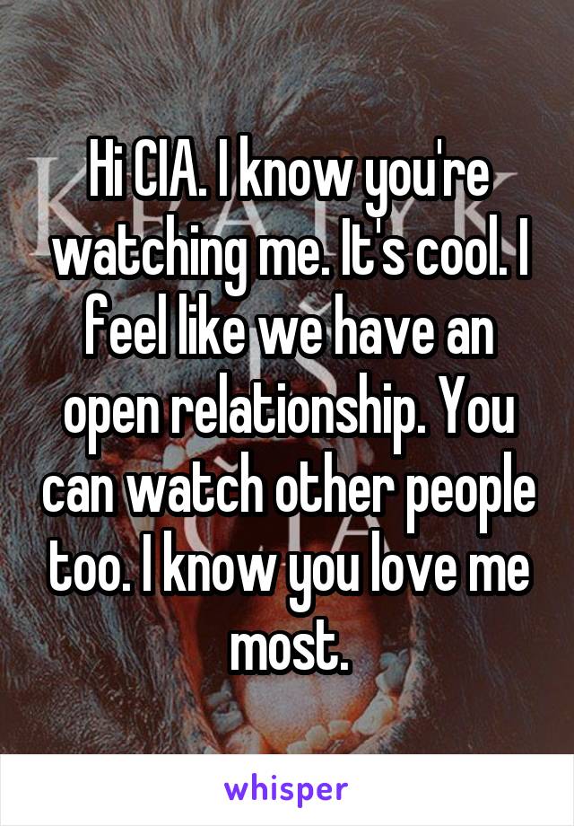 Hi CIA. I know you're watching me. It's cool. I feel like we have an open relationship. You can watch other people too. I know you love me most.