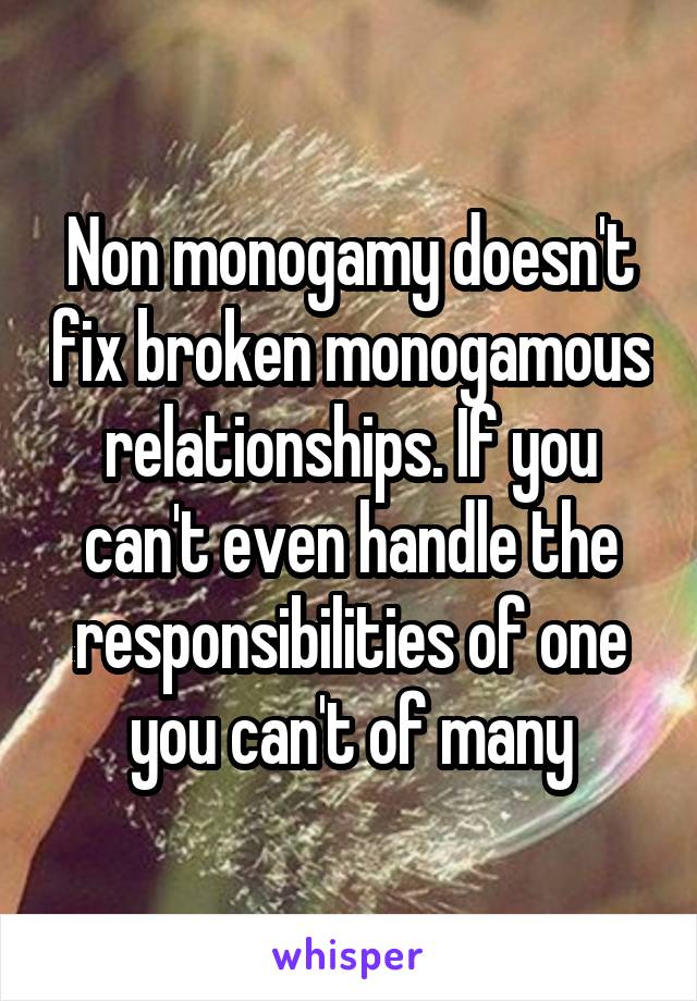 Non monogamy doesn't fix broken monogamous relationships. If you can't even handle the responsibilities of one you can't of many