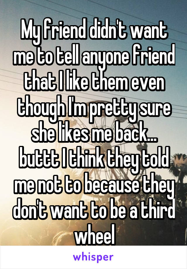 My friend didn't want me to tell anyone friend that I like them even though I'm pretty sure she likes me back... buttt I think they told me not to because they don't want to be a third wheel