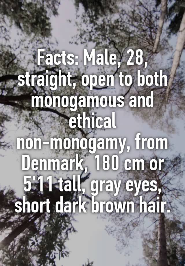 Facts: Male, 28, straight, open to both monogamous and ethical non-monogamy, from Denmark, 180 cm or 5'11 tall, gray eyes, short dark brown hair.