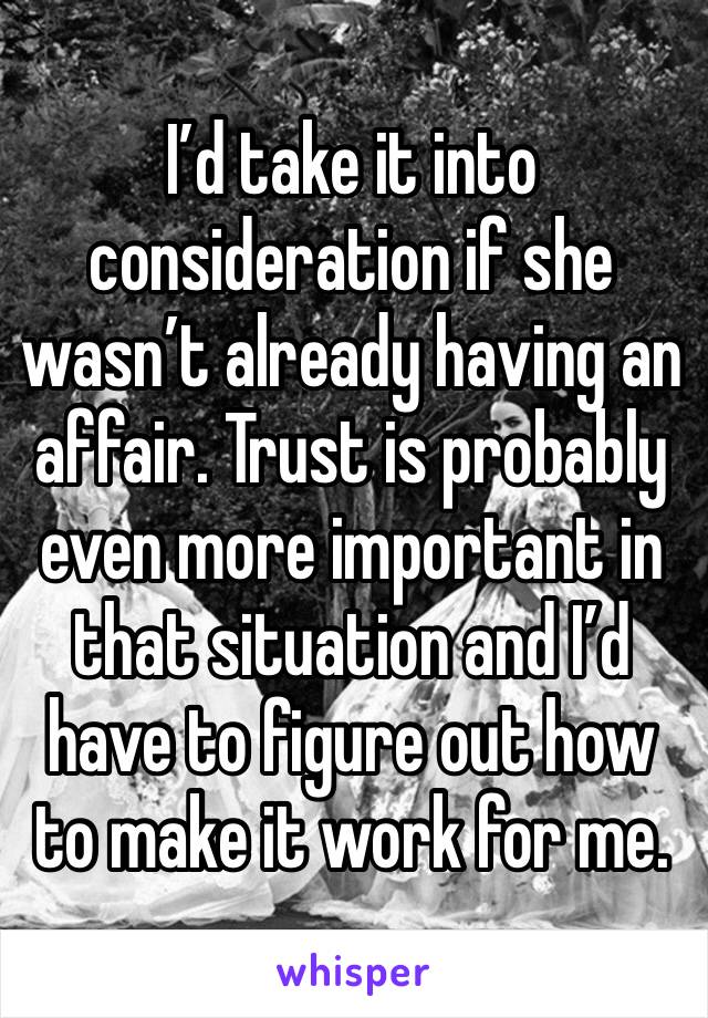 I’d take it into consideration if she wasn’t already having an affair. Trust is probably even more important in that situation and I’d have to figure out how to make it work for me. 