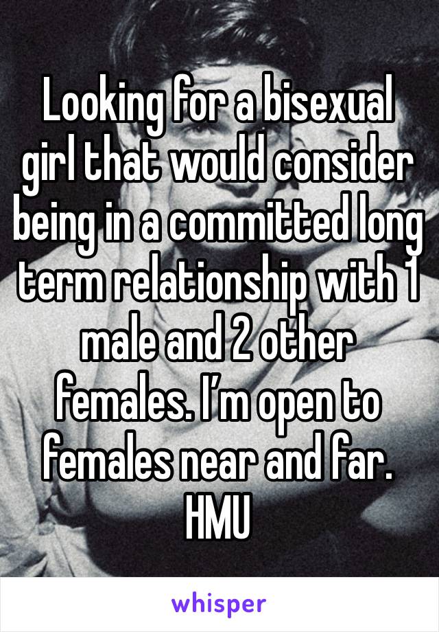 Looking for a bisexual girl that would consider being in a committed long term relationship with 1 male and 2 other females. I’m open to females near and far. HMU 