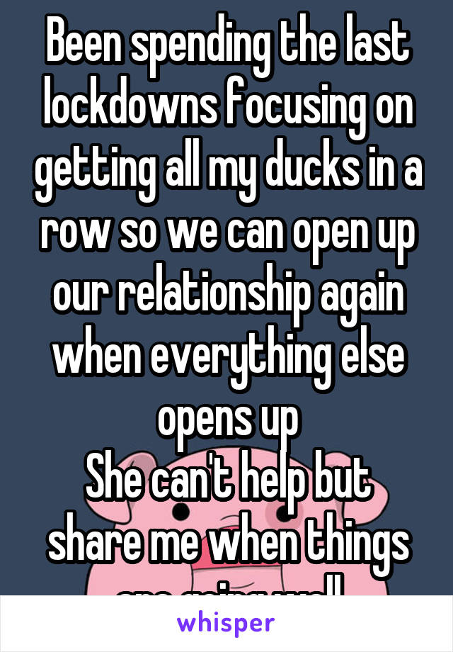 Been spending the last lockdowns focusing on getting all my ducks in a row so we can open up our relationship again when everything else opens up
She can't help but share me when things are going well