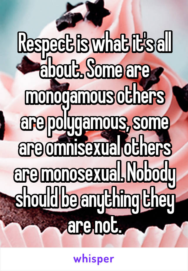 Respect is what it's all about. Some are monogamous others are polygamous, some are omnisexual others are monosexual. Nobody should be anything they are not.