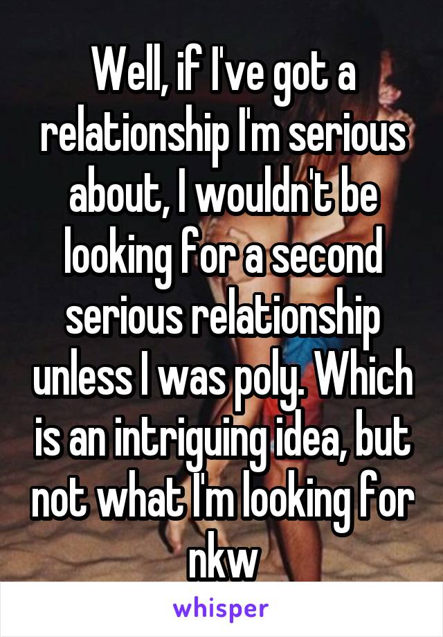 Well, if I've got a relationship I'm serious about, I wouldn't be looking for a second serious relationship unless I was poly. Which is an intriguing idea, but not what I'm looking for nkw