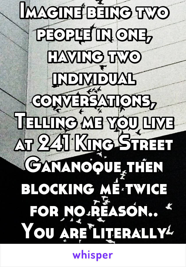 Imagine being two people in one, having two individual conversations, Telling me you live at 241 King Street Gananoque then blocking me twice for no reason.. You are literally an idiot.