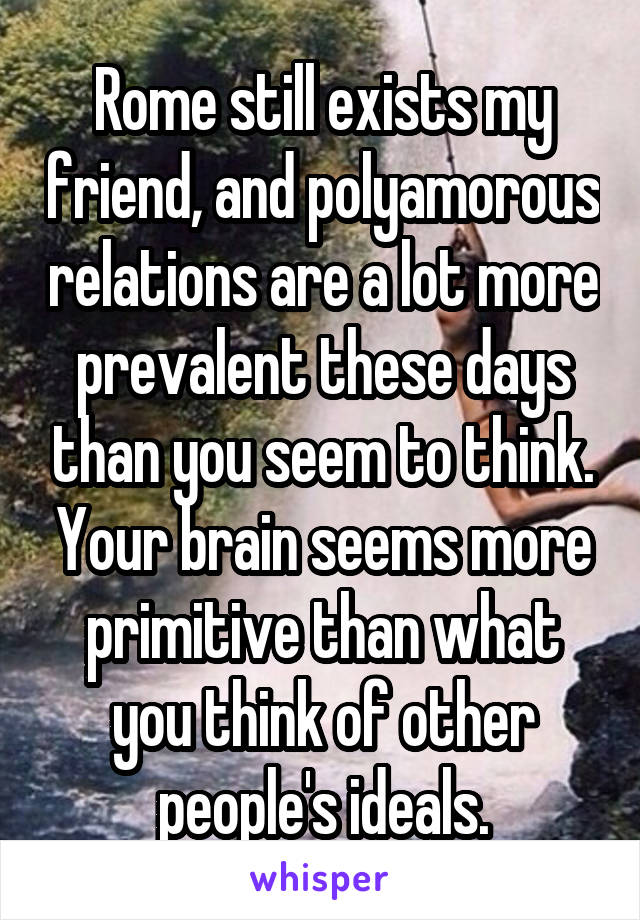 Rome still exists my friend, and polyamorous relations are a lot more prevalent these days than you seem to think. Your brain seems more primitive than what you think of other people's ideals.