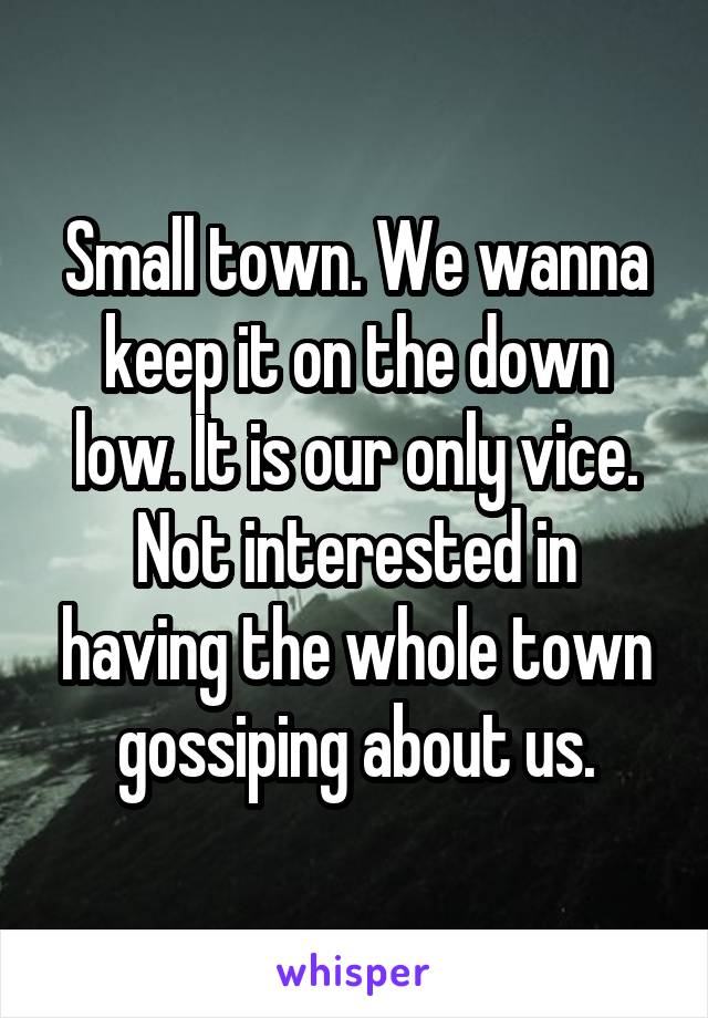 Small town. We wanna keep it on the down low. It is our only vice. Not interested in having the whole town gossiping about us.