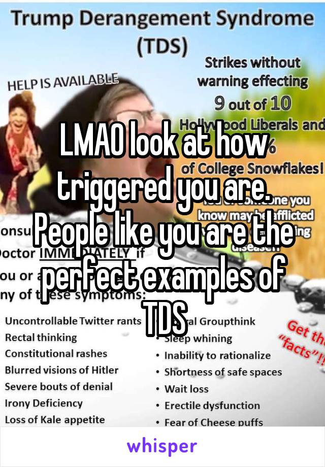 LMAO look at how triggered you are. People like you are the perfect examples of TDS