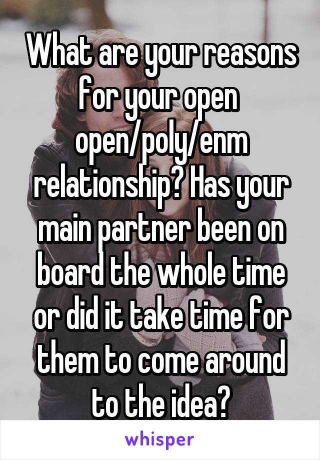 What are your reasons for your open 
open/poly/enm relationship? Has your main partner been on board the whole time or did it take time for them to come around to the idea?