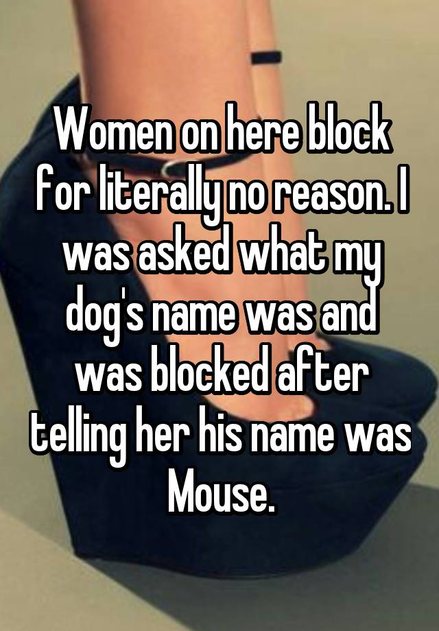 Women on here block for literally no reason. I was asked what my dog's name was and was blocked after telling her his name was Mouse.