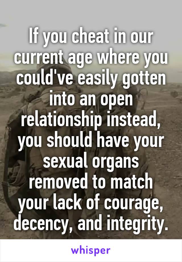 If you cheat in our current age where you could've easily gotten into an open relationship instead, you should have your sexual organs removed to match your lack of courage, decency, and integrity.