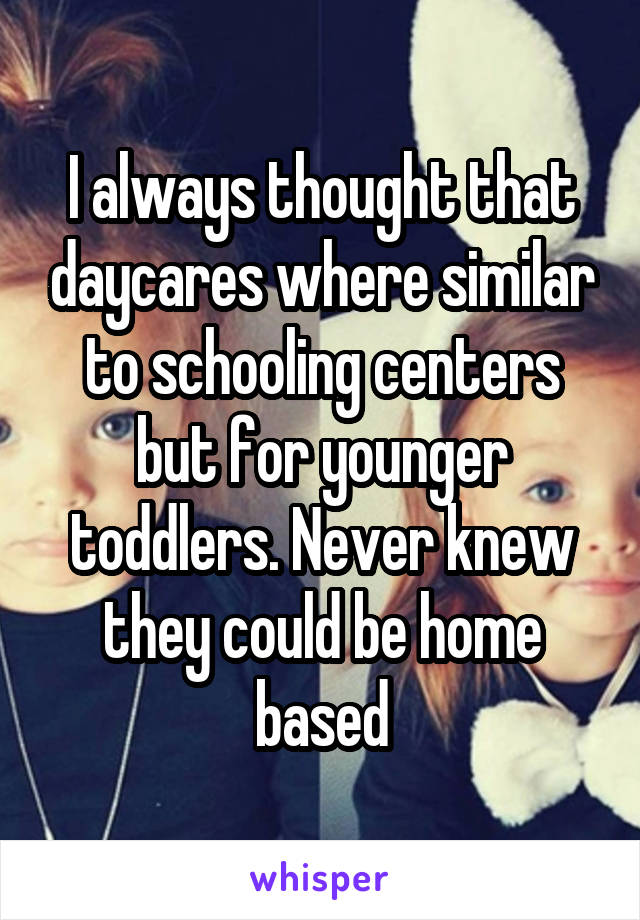 I always thought that daycares where similar to schooling centers but for younger toddlers. Never knew they could be home based