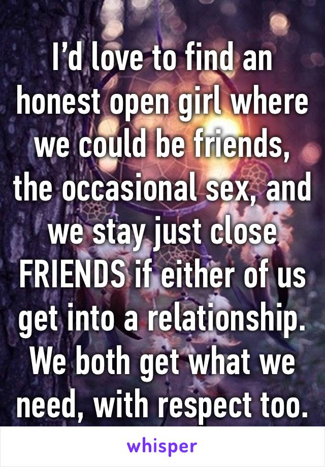 I’d love to find an honest open girl where we could be friends, the occasional sex, and we stay just close FRIENDS if either of us get into a relationship.
We both get what we need, with respect too.