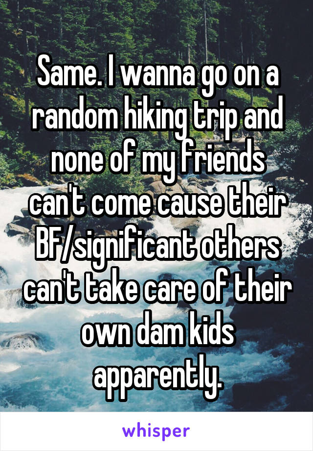 Same. I wanna go on a random hiking trip and none of my friends can't come cause their BF/significant others can't take care of their own dam kids apparently.