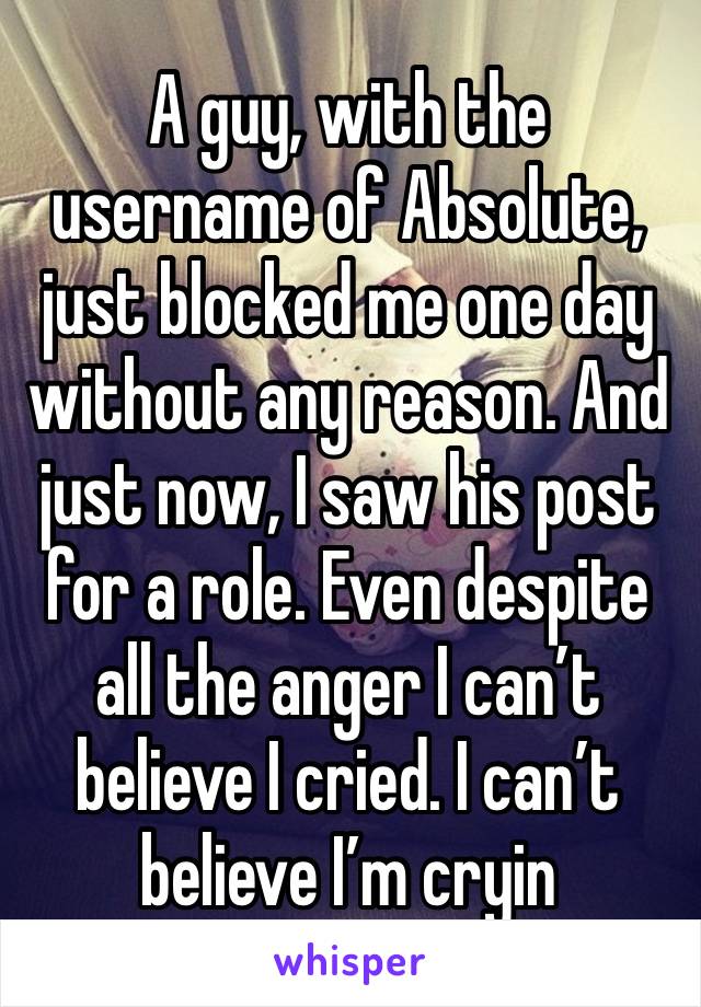 A guy, with the username of Absolute, just blocked me one day without any reason. And just now, I saw his post for a role. Even despite all the anger I can’t believe I cried. I can’t believe I’m cryin