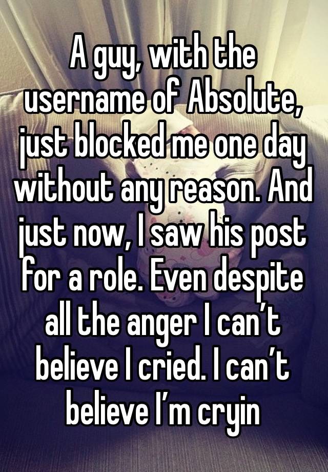 A guy, with the username of Absolute, just blocked me one day without any reason. And just now, I saw his post for a role. Even despite all the anger I can’t believe I cried. I can’t believe I’m cryin