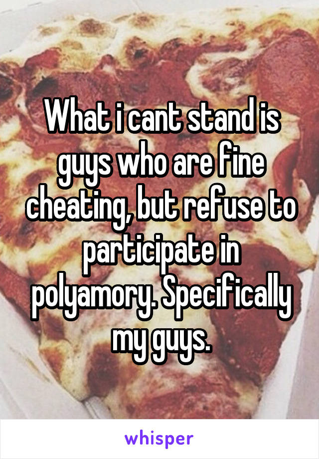 What i cant stand is guys who are fine cheating, but refuse to participate in polyamory. Specifically my guys.