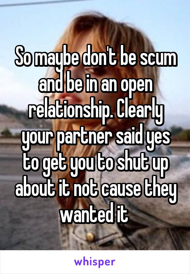 So maybe don't be scum and be in an open relationship. Clearly your partner said yes to get you to shut up about it not cause they wanted it 