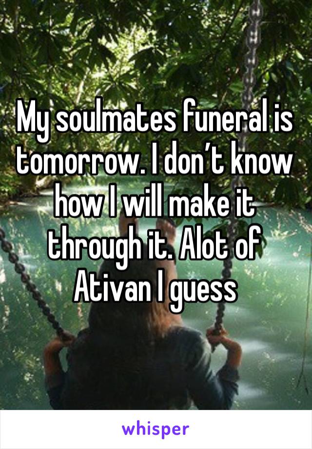 My soulmates funeral is tomorrow. I don’t know how I will make it through it. Alot of Ativan I guess 