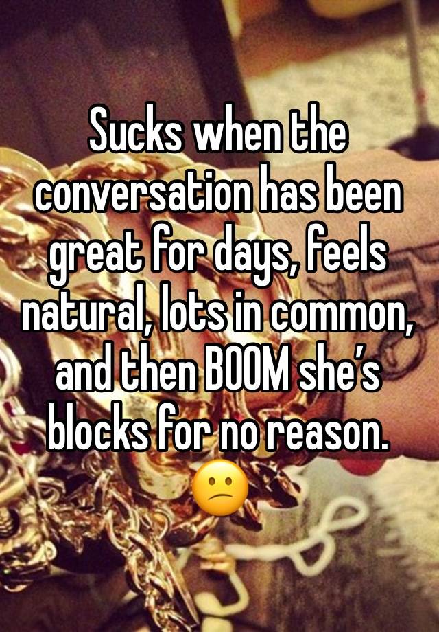 Sucks when the conversation has been great for days, feels natural, lots in common, and then BOOM she’s blocks for no reason. 😕