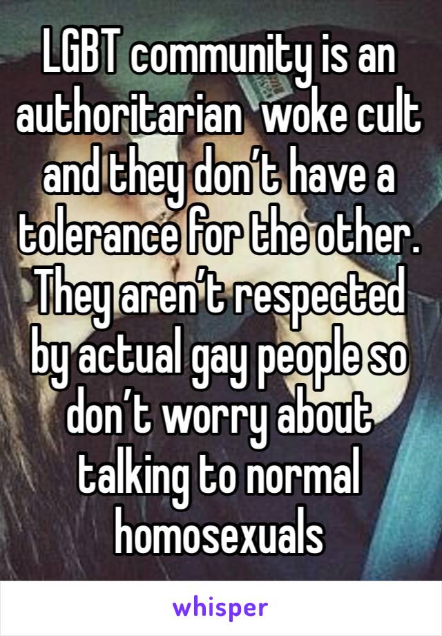 LGBT community is an authoritarian  woke cult and they don’t have a tolerance for the other. They aren’t respected by actual gay people so don’t worry about talking to normal homosexuals