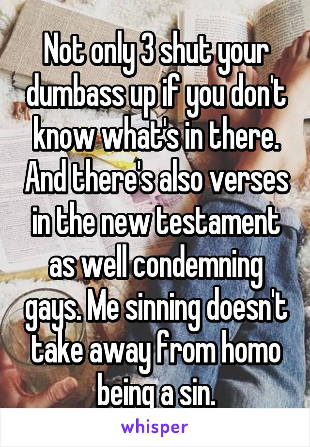 Not only 3 shut your dumbass up if you don't know what's in there. And there's also verses in the new testament as well condemning gays. Me sinning doesn't take away from homo being a sin.