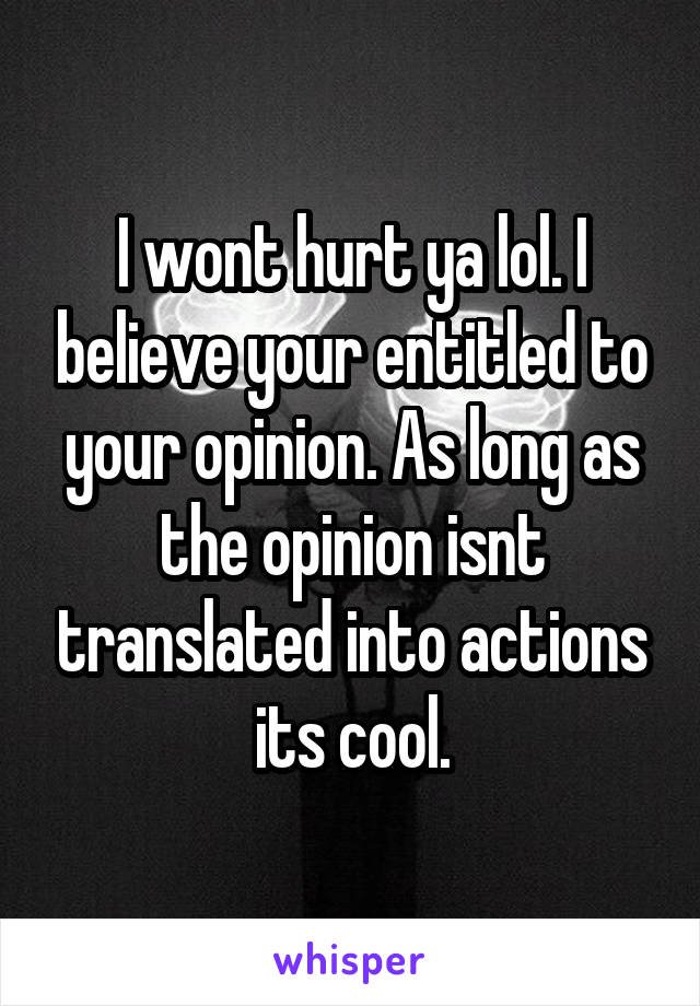 I wont hurt ya lol. I believe your entitled to your opinion. As long as the opinion isnt translated into actions its cool.