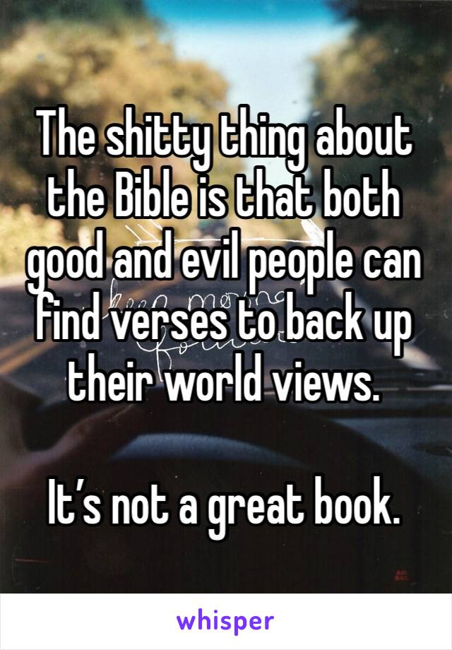 The shitty thing about the Bible is that both good and evil people can find verses to back up their world views.

It’s not a great book.