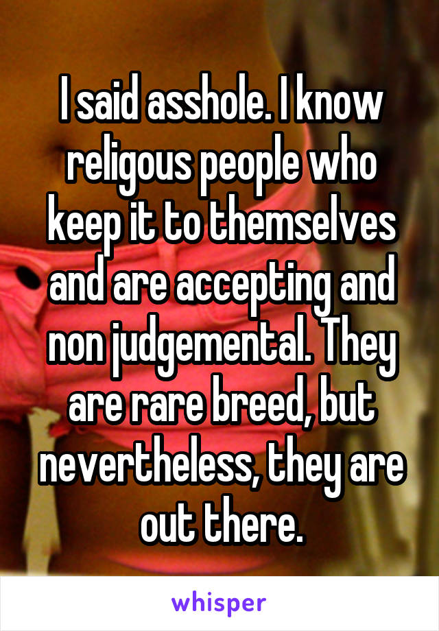 I said asshole. I know religous people who keep it to themselves and are accepting and non judgemental. They are rare breed, but nevertheless, they are out there.