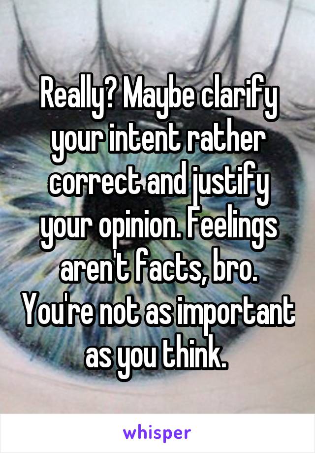 Really? Maybe clarify your intent rather correct and justify your opinion. Feelings aren't facts, bro. You're not as important as you think. 