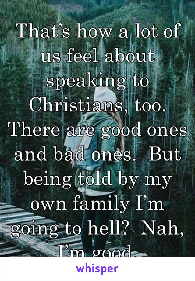 That’s how a lot of us feel about speaking to Christians, too.  There are good ones and bad ones.  But being told by my own family I’m going to hell?  Nah, I’m good.