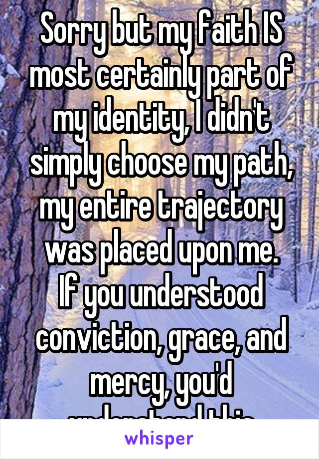 Sorry but my faith IS most certainly part of my identity, I didn't simply choose my path, my entire trajectory was placed upon me.
If you understood conviction, grace, and mercy, you'd understand this