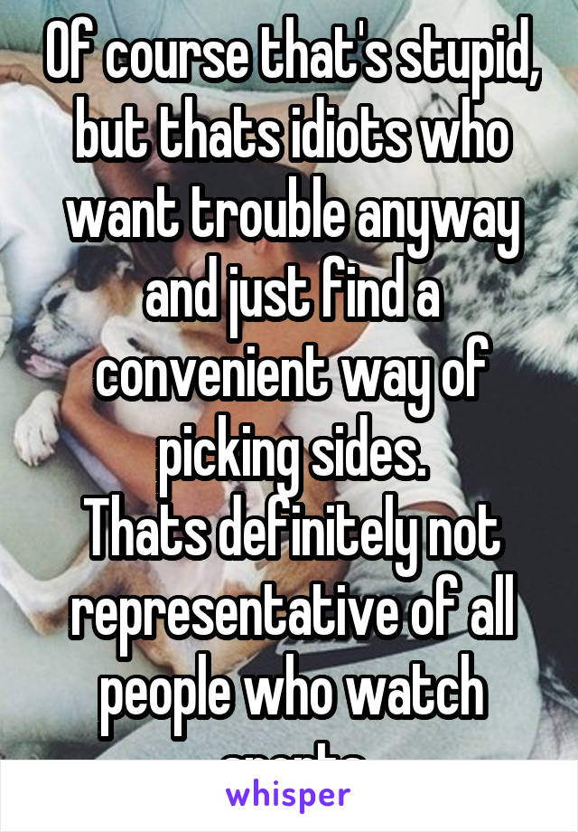 Of course that's stupid, but thats idiots who want trouble anyway and just find a convenient way of picking sides.
Thats definitely not representative of all people who watch sports