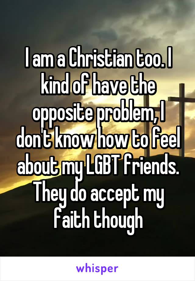 I am a Christian too. I kind of have the opposite problem, I don't know how to feel about my LGBT friends. They do accept my faith though