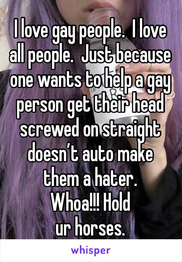 I love gay people.  I love all people.  Just because one wants to help a gay person get their head screwed on straight doesn’t auto make
them a hater.
Whoa!!! Hold
ur horses.