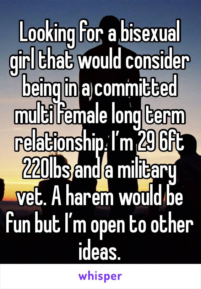 Looking for a bisexual girl that would consider being in a committed multi female long term relationship. I’m 29 6ft 220lbs and a military vet. A harem would be fun but I’m open to other ideas.