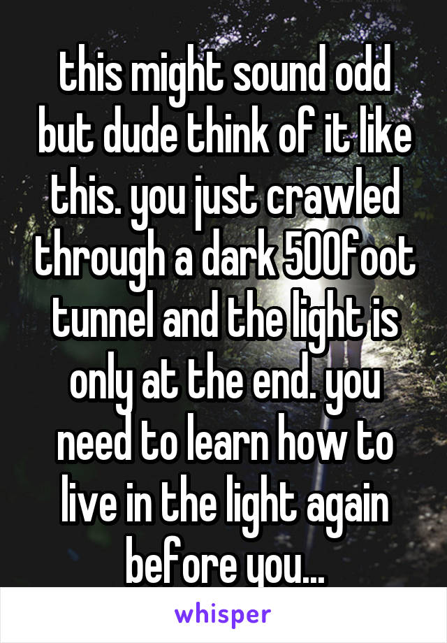 this might sound odd but dude think of it like this. you just crawled through a dark 500foot tunnel and the light is only at the end. you need to learn how to live in the light again before you...