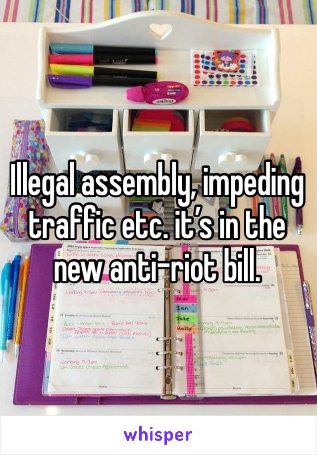 Illegal assembly, impeding traffic etc. it’s in the new anti-riot bill.