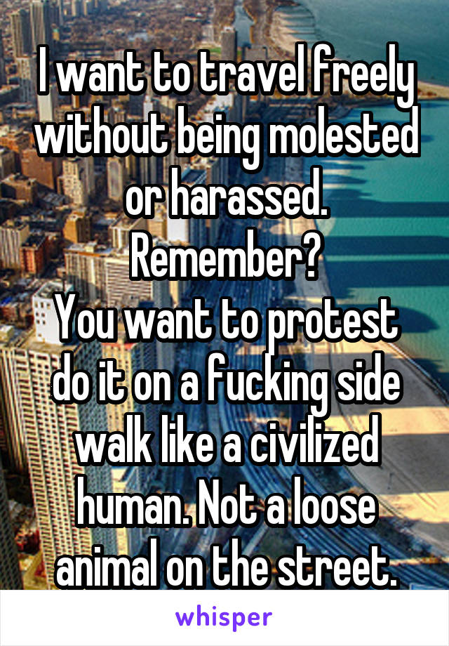 I want to travel freely without being molested or harassed. Remember?
You want to protest do it on a fucking side walk like a civilized human. Not a loose animal on the street.