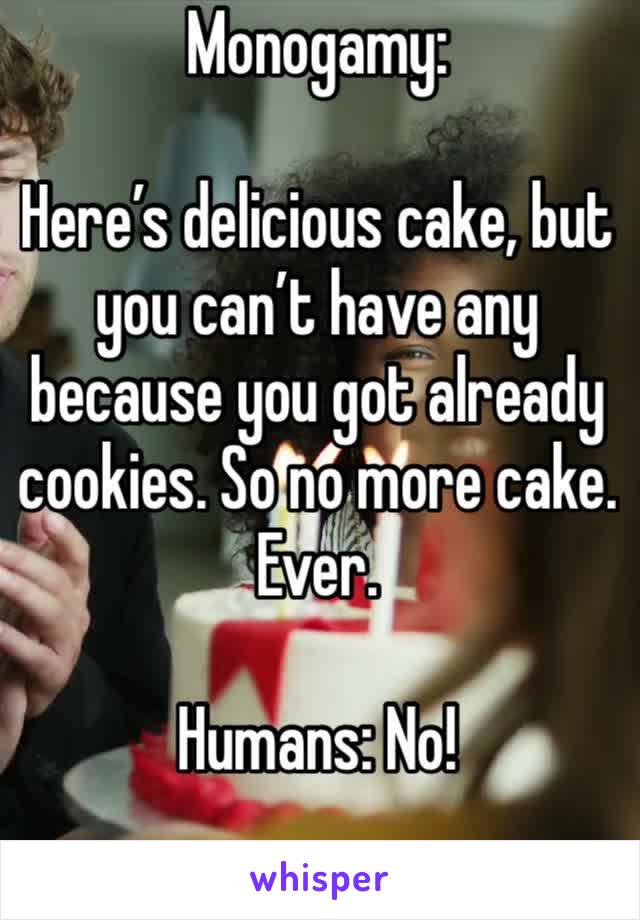 Monogamy:

Here’s delicious cake, but you can’t have any because you got already cookies. So no more cake. Ever. 

Humans: No! 