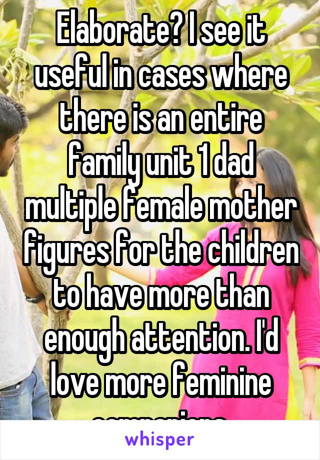 Elaborate? I see it useful in cases where there is an entire family unit 1 dad multiple female mother figures for the children to have more than enough attention. I'd love more feminine companions.